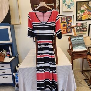 Striped V-Neck Dress - Black, White, Red